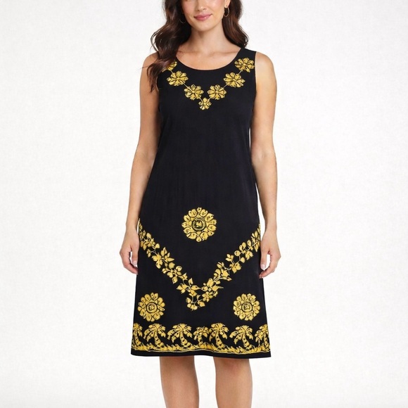 Rima Dresses & Skirts - Rima Black Tropical Batik Printed and Embroidered Shift Dress Size Large